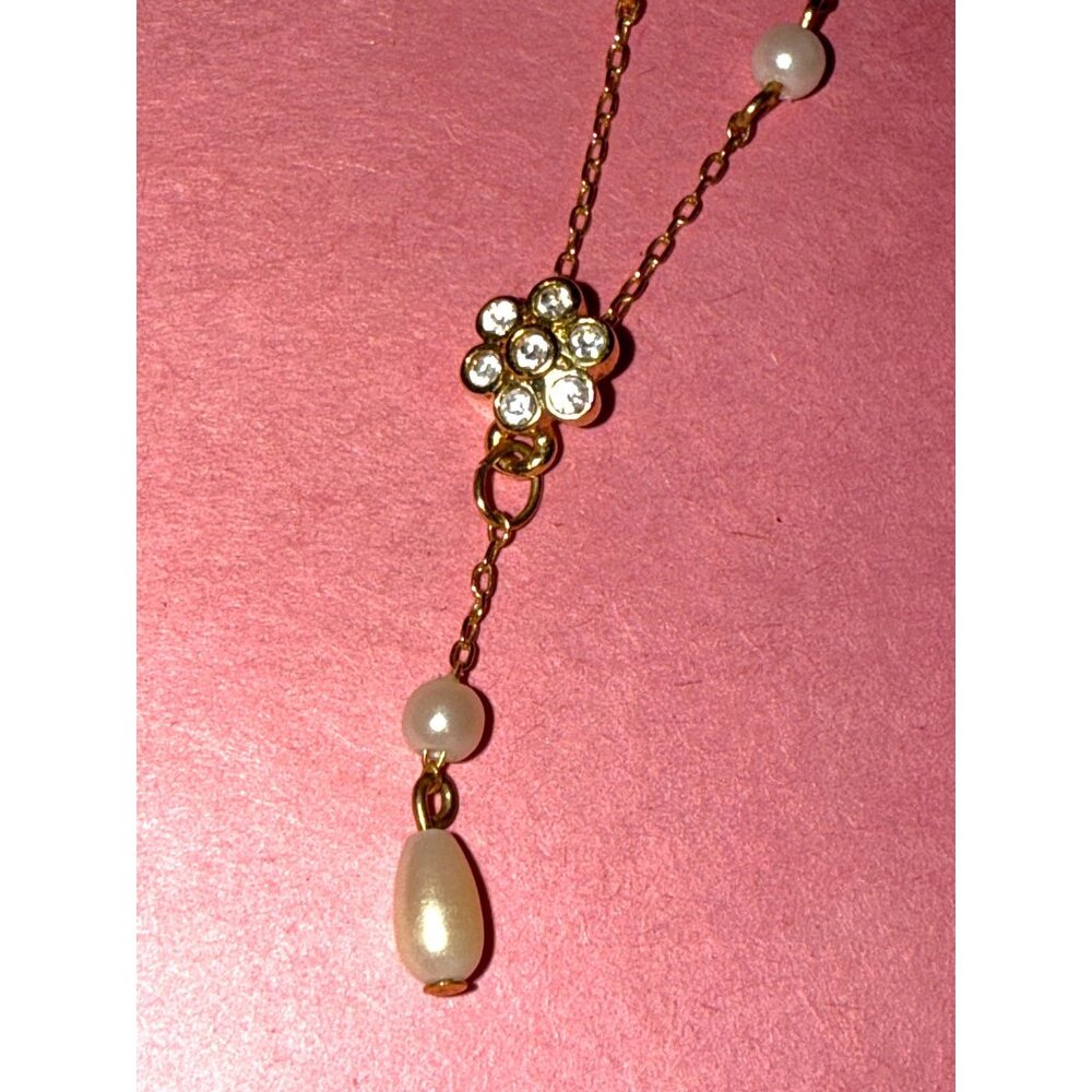 Vintage Napier Gold Chain Necklace W/ Faux Pearls & Rhinestone Flower Pendant